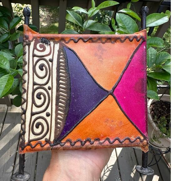 Candle holder Vintage Stretched Skin Square Painted ethnic tribal metal pink 7” - Picture 8 of 14